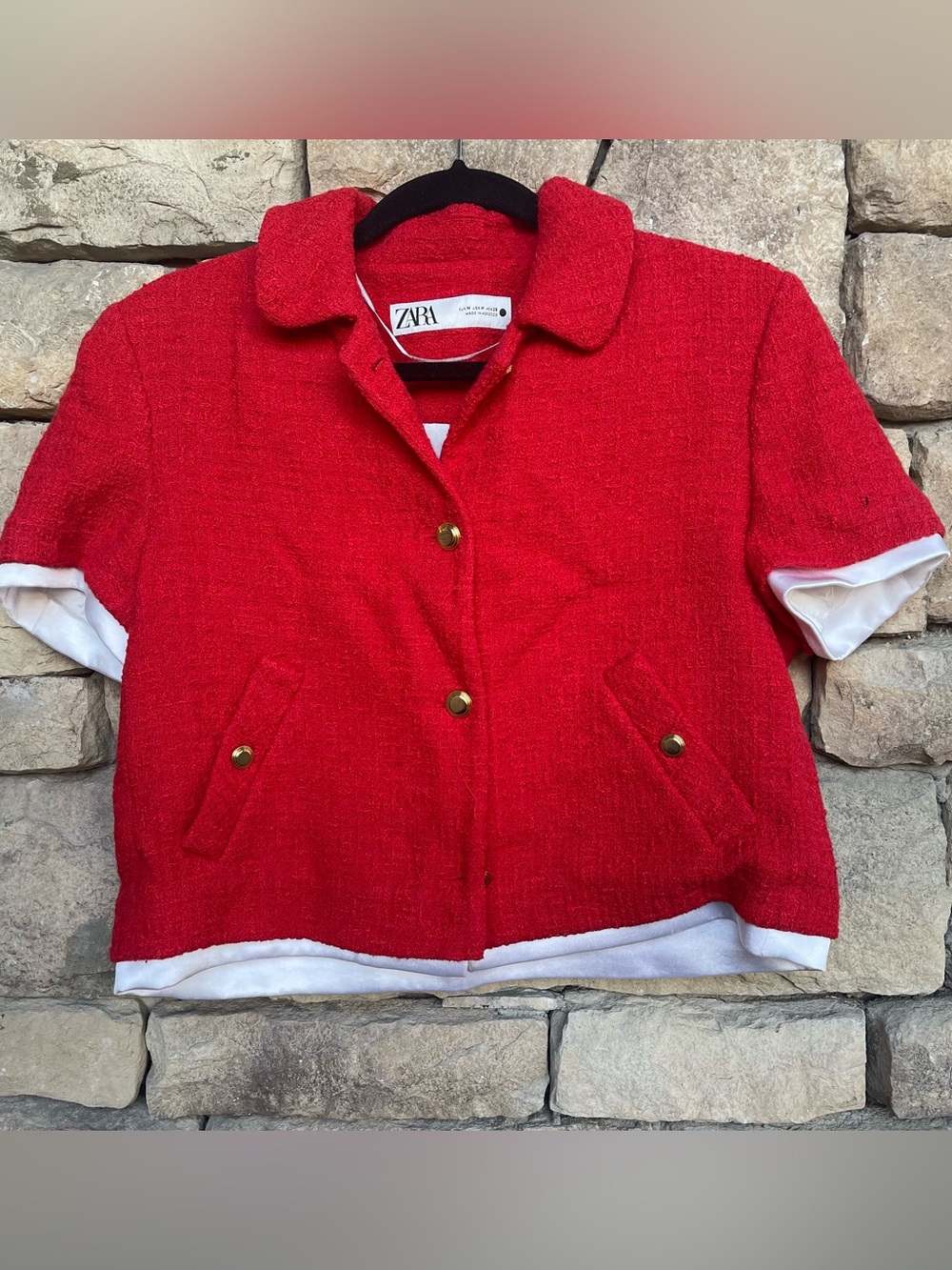 Zara tweed cropped short sleeve button up blazer like top size medium red